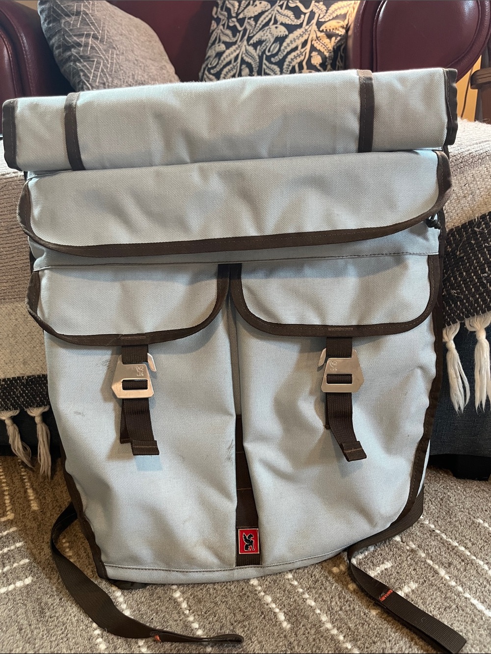 Chrome Industries Ivan Light Gray/blue Roll-Top Men's Backpack with Brown Trim